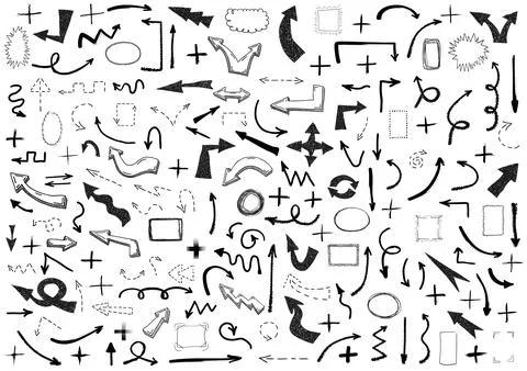 Big set of black grunge doodle hand drawn arrows, plus signs and border frames Stock Illustration
