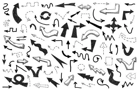 Big set of black grunge doodle hand drawn arrows isolated on transparent Stock Illustration