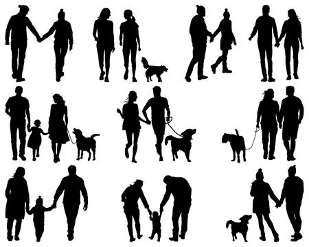 Big set of black silhouettes of couples 库存插图