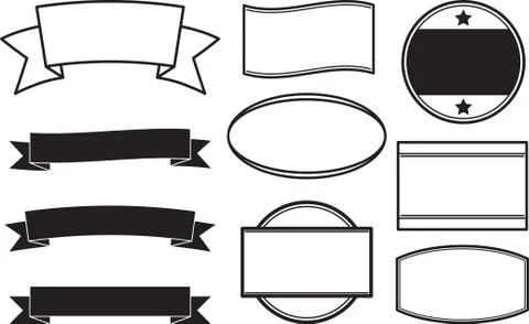 Big set of black solid style templates for round rubber stamps and ribbon ban Stock Illustration