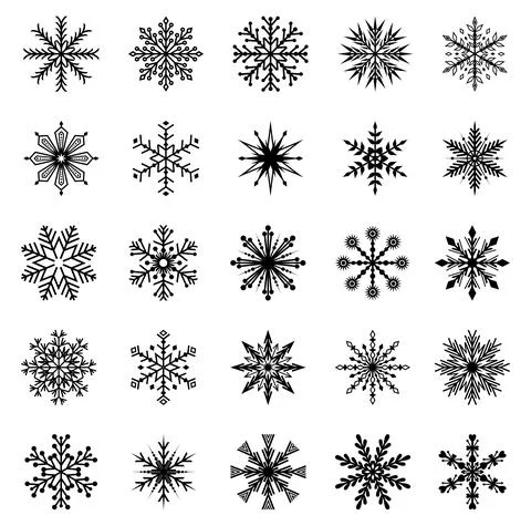 Big set of black vector snowflake icons on a white background Stock Illustration