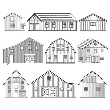 Big set of black white red wooden barns with windows, doors. Isolated vector Stock Illustration