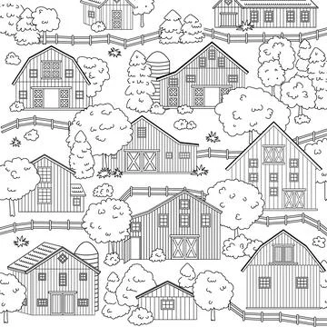 Big set of black white red wooden barns in countryside. Landscape scene with Stock Illustration
