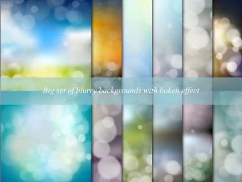 Big set of blurry backgrounds with bokeh effect. Abstract vector illustration Stock Illustration