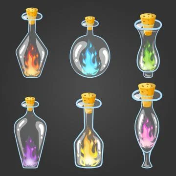 Big set of bottle elixir with flame Stock Illustration