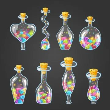 Big set of bottle elixir with gems Stock Illustration