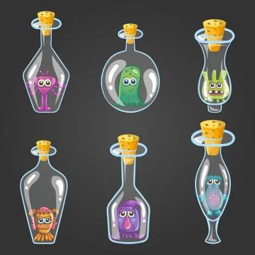 Big set of bottle elixir with monsters Stock Illustration