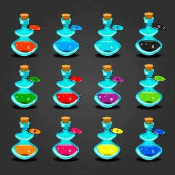 Big set bottles with different potions Stock Illustration