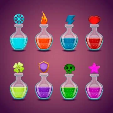 Big set bottles with different potions Stock Illustration