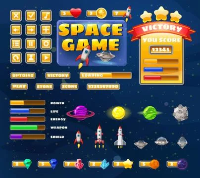 Big set buttons icons elements for Space game cartoon casual games and app. 2D Illustrazione stock