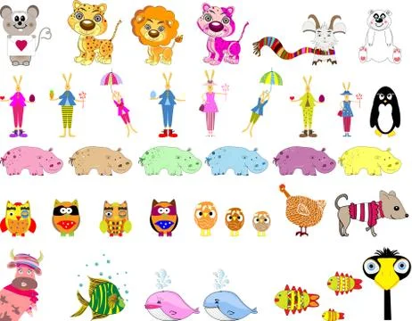 Big set of cartoon animals, vector Stock Illustration