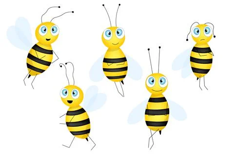 Big set of cartoon cute bee mascot. A small bees flies. Wasp collection. Vector Stock Illustration