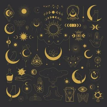 Big set of celestial magical and astrological symbols. Mystical emblems Illustrazione stock