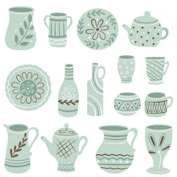 Big set of ceramic or earthenware, vector illustration. Stock Illustration