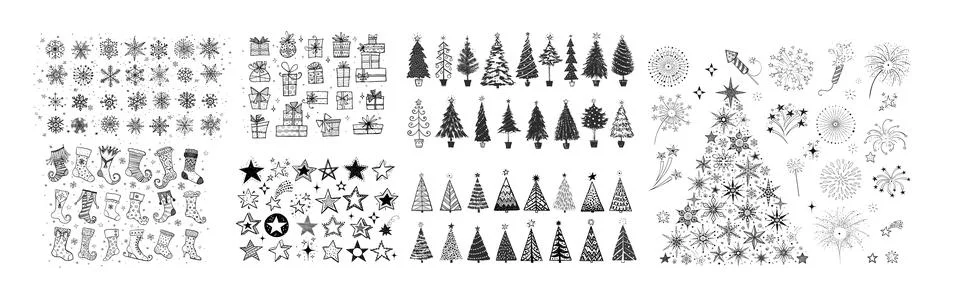 Big set of christmas doodle elements. Stars, snowflakes, christmas trees Stock Illustration