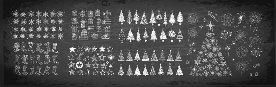 Big set of christmas doodle elements. Stars, snowflakes, christmas trees Illustrazione stock