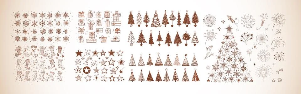 Big set of christmas doodle elements. Stars, snowflakes, christmas trees Illustrazione stock