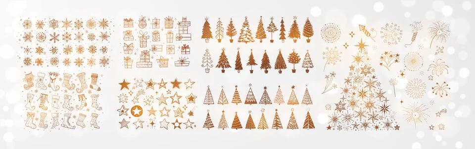 Big set of christmas doodle elements on white glowing background. Stars 스톡 일러스트