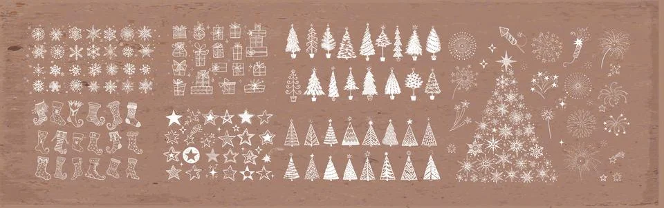 Big set of christmas doodle elements. Stars, snowflakes, christmas trees Illustrazione stock