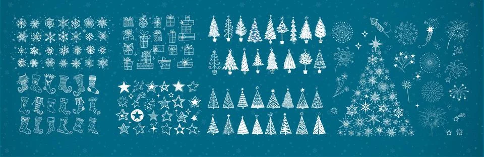 Big set of christmas doodle elements. Stars, snowflakes, christmas trees Illustrazione stock