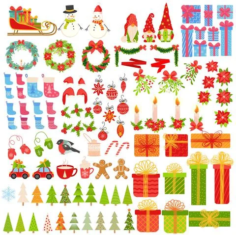 Big set of Christmas elements hand drawn. Gifts, stockings, Christmas trees,  Stock Illustration