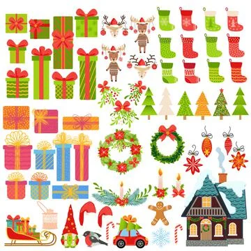 Big set of Christmas elements hand drawn. Gifts, stockings, Christmas trees,  Stockillustratie