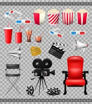 Big set of collection elements of cinema isolated on transparent background Illustrazione stock