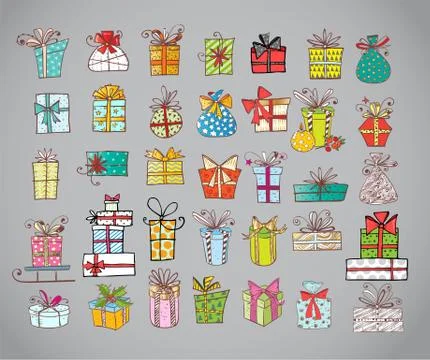 Big set of colored doodle gift boxes Illustrazione stock