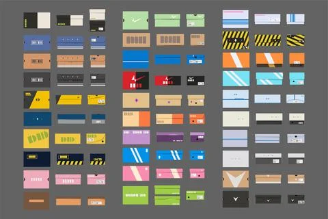 Big set of colorful sneakers boxes on white Stock Illustration