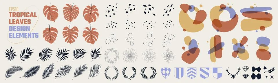 Big set of compositions, colored blots, tropical leaves and various design el Stock Illustration