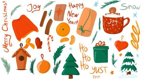 Big set of cozy winter elements, huggies sticker pack, Christmas collection of Stock Illustration