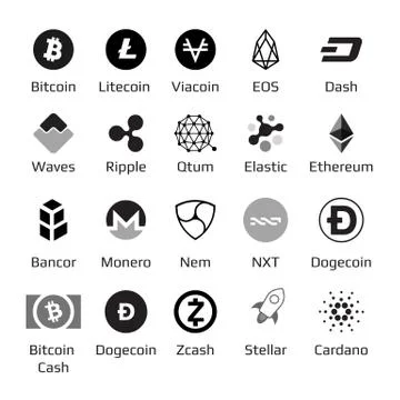 Big set of crypto currency logo coins Bitcoin, Nem, Dash, Litecoin, Monero Ilustración de archivo