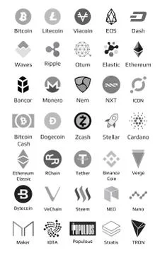 Big set of crypto currency logo coins Bitcoin, Nem, Dash, Litecoin, Monero Ilustración de archivo