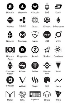 Big set of crypto currency logo coins Bitcoin, Nem, Dash, Litecoin, Monero Ilustración de archivo