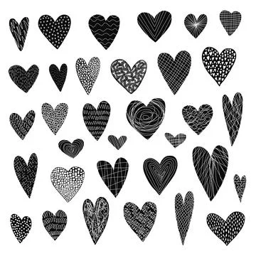 Big set of cute doodle black textured hearts Stock Illustration