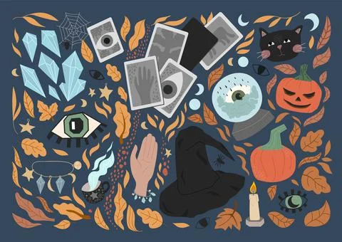Big set of cute Halloween stickers - black cat, eyes, witch hat, pumpkins, sp Stock Illustration