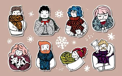 Big set of cute stickers of different people in warm clothes. Christmas eleme イラスト素材