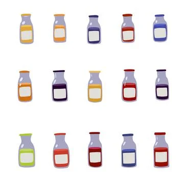 Big set of cute various doodle juice bottles. Stock Illustration