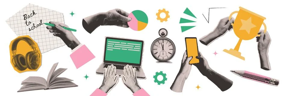 Big set of cutout paper elements halftone collage on the theme of education and Stock Illustration