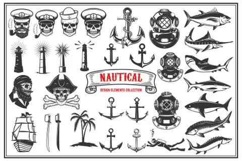 Big set of design elements for nautical emblems, seafood restaurant. Vector i Stock Illustration
