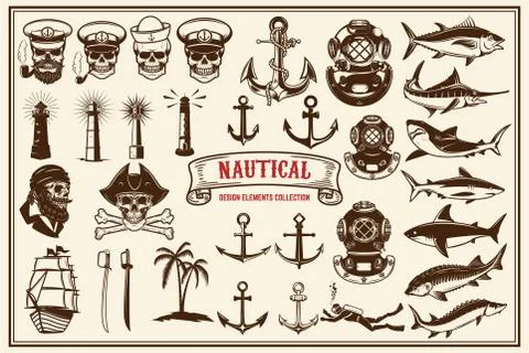 Big set of design elements for nautical emblems, seafood restaurant. Vector i Stock Illustration