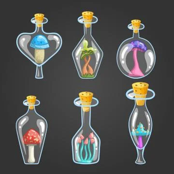 Big set of different bottle with mushrooms Stock Illustration