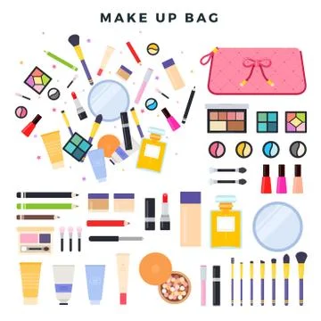 Big set of different decorative cosmetics. Contents of women's cosmetic bag. All Illustrazione stock