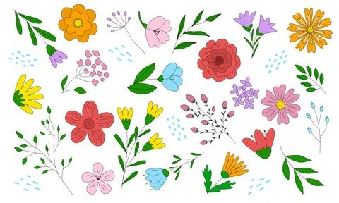 Big set with different flowers and leaves, spring design elements, doodle style Stock Illustration