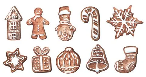 Big set of different gingerbread cookies. Watercolor illustrations of Christnmas Stock Illustration