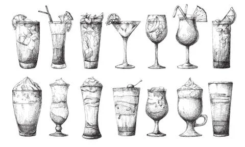 Big set of different glasses, different cocktails. Vector illustration Stock Illustration