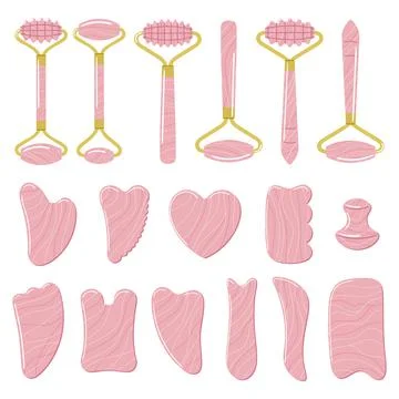 Big set of different gua sha stones and rollers are made of rose quartz. Faci Stock Illustration