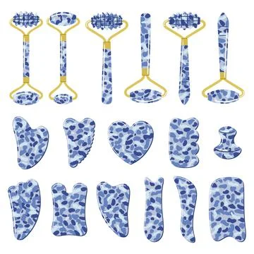 Big set of different gua sha stones and rollers are made of blue sodalite. Fa Stock Illustration