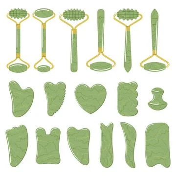Big set of different gua sha stones and rollers are made of green jade. Facia Stock Illustration