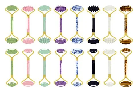 Big set of different gua sha rollers are made of quartz, aventurine, jade, am Stock Illustration